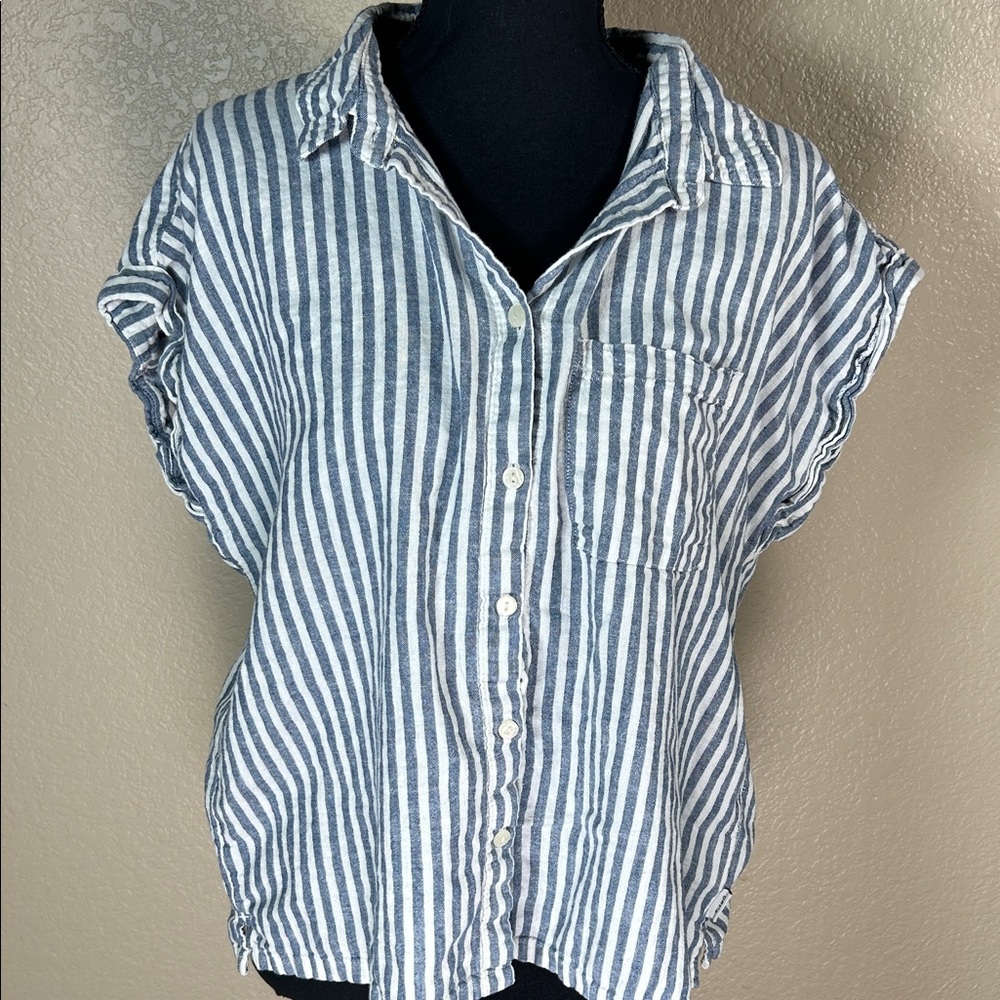 Orvis Blue And White Striped Linen Blend Button Down Shirt Size Large